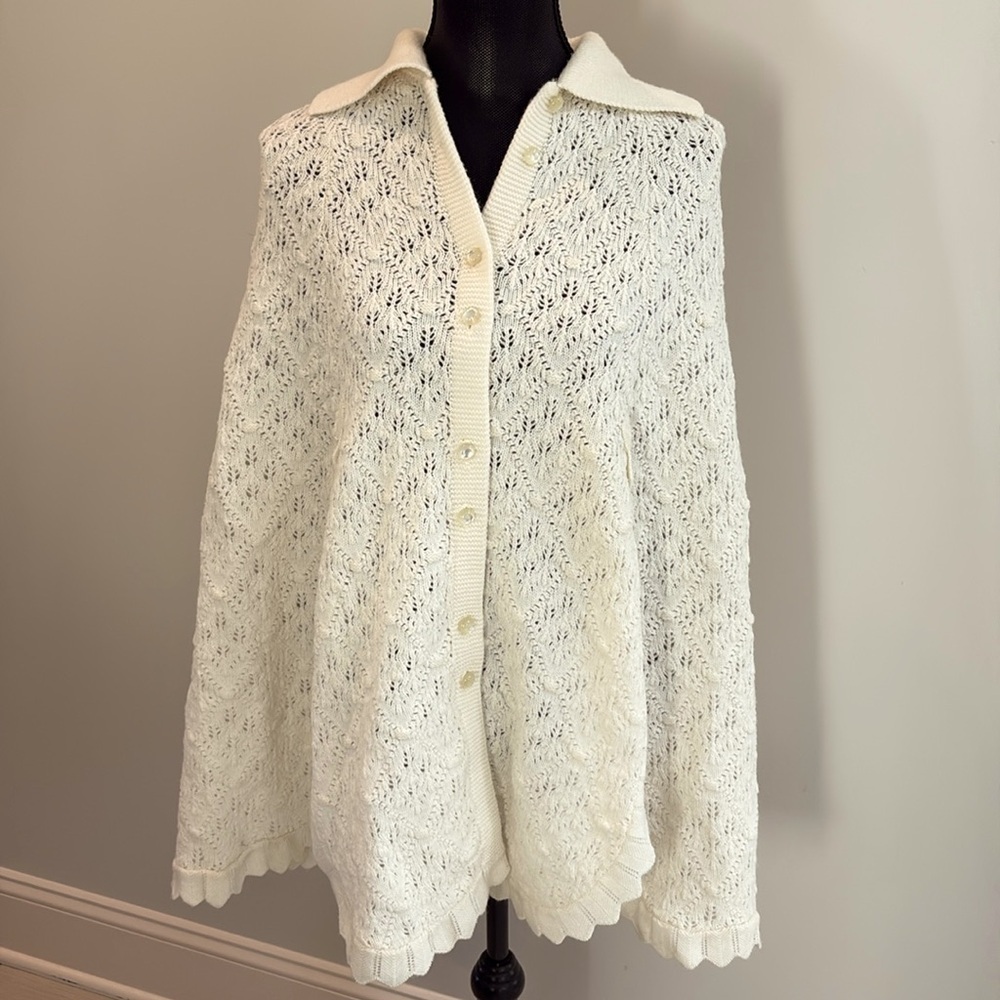 Sidney Gould Vintage Cream Scallop Edge Poncho Sweater Cape Cardigan Women OSFM